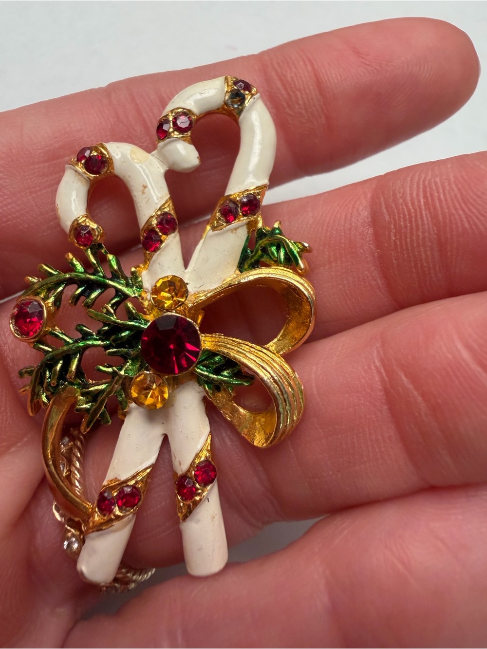 Vintage Festive Candy Cane Brooch with Red Crystals and Gold Accents - Picture 2 of 6